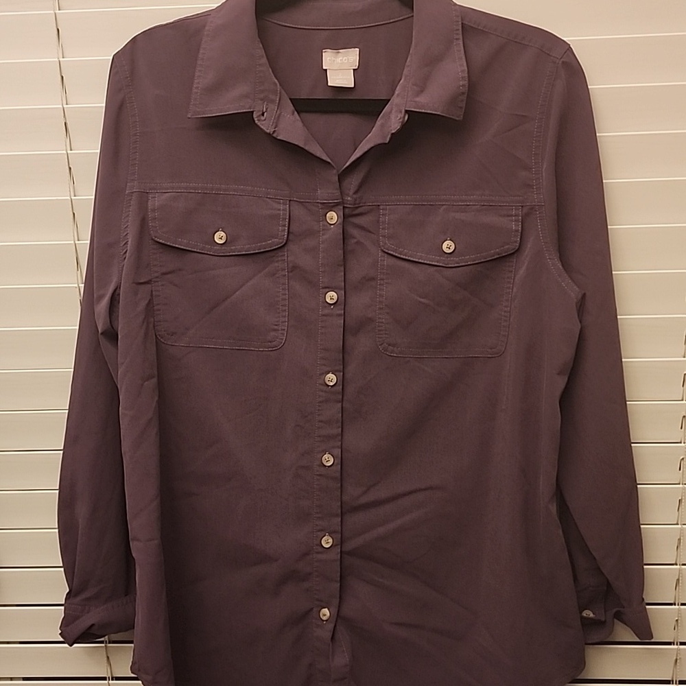 Chico’s, Long Sleeves, Collared, Chest Pockets, Button Down Top, Plum, 2